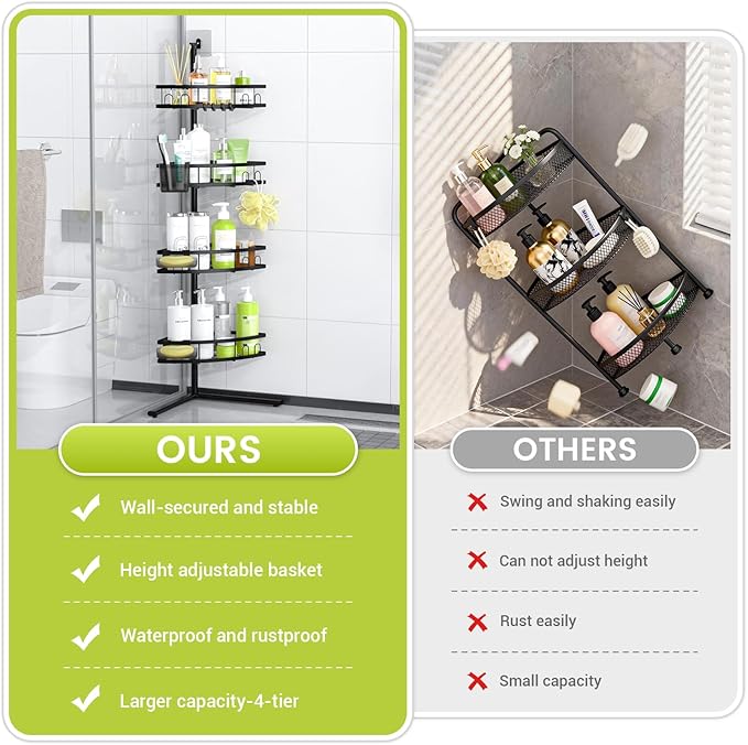 Corner Shower Caddy Standing: 4-tier Rustproof Shower Organizer Shelf - Floor Shower Corner Shelf Rack Stand for Bathroom Black
