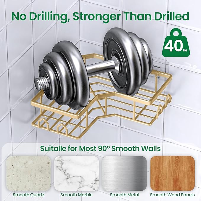 Adhesive Shower Caddy, 2 Pack Corner Bath Organizer, Rustproof Stainless Steel Shower Shelves with Large Capacity, No Drilling Shelves for Bathroom Storage, Home, Kitchen Decor (Gold).