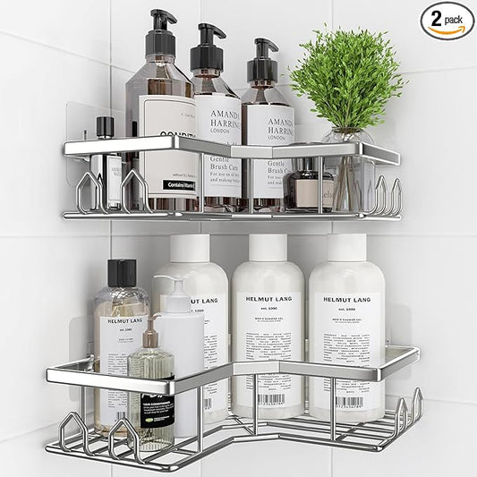esive Shower Caddy, 2 Pack Corner Bath Organizer, Rustproof Stainless Steel Shower Shelves with Large Capacity, No Drilling Shelves for Bathroom Storage, Home, Kitchen Decor (Silver).
