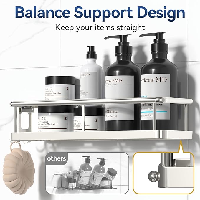 YASONIC Shower Caddy Adhesive, No Drill Bathroom Shower Organizers, with Removable Hooks, Rust Proof Shower Shelves, Wall-Mounted Shower Holder, 2 Pack Silver