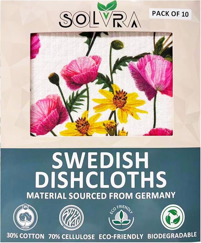 10 PCS Flower Print Swedish Dishcloths for Kitchen,100% Biodegradable, Reusable Cellulose Sponge Cloths, Ultra Absorbent, Eco Friendly Cleaning Towels Dishcloths for Washing Dishes & General Cleaning