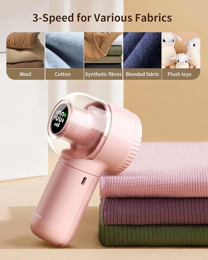 Fabric Shaver, 𝟮 𝗶𝗻 𝟭 Rechargeable Lint Remover with Brush, Large Sweater Shaver with Digital Display, 3 Speeds Lint Shaver, 6-Leaf Blades Lint Remover for Clothes, Sofa, Bedding, Pink