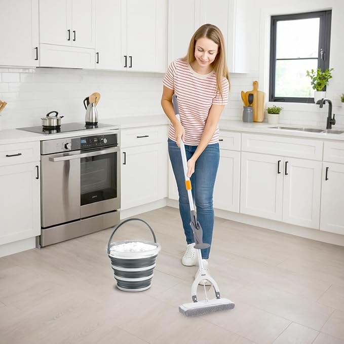 Superio Miracle Microfiber Mop with Telescopic Handle & 2-Gallon Collapsible Bucket - Lightweight Cleaning Set for Floors, Walls, Car Wash, Camping & More - Grey