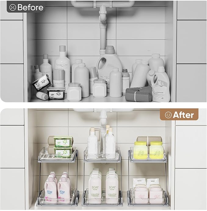 3 Pack Bathroom Organizers and Storage - Multi-Purpose,2-Tier Clear Pull Out Organization for Bathroom,Under Sink,Kitchen,Vanity,Countertop,Cabinet,Pantry & Medicine Cabinet,Grey