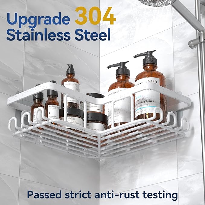 YASONIC Corner Adhesive Shower Caddy, with Soap Holder and 12 Hooks, Rustproof Stainless Steel Bathroom Organizer, No Drilling Wall Mounted Rack, White, 3-Pack