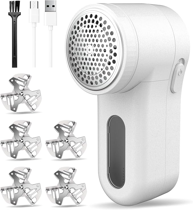 Fabric Shaver, Lint Remover Rechargeable, Electric Portable Sweater Defuzzer Digital LED Display to Remove Pilling for Clothes, Furniture, Sweater, (White with Five Shaver Blades)