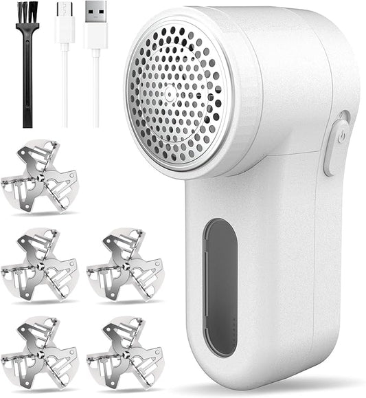 Fabric Shaver, Lint Remover Rechargeable, Electric Portable Sweater Defuzzer Digital LED Display to Remove Pilling for Clothes, Furniture, Sweater, (White with Five Shaver Blades)