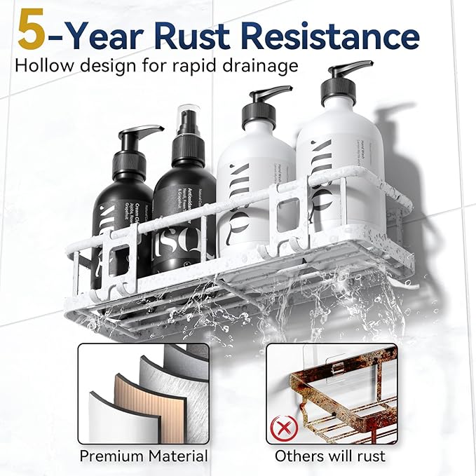 YASONIC Shower Caddy Adhesive, No Drill Bathroom Shower Organizers, with Removable Hooks, Rust Proof Shower Shelves, Wall-Mounted Shower Holder, White, 2 Pack