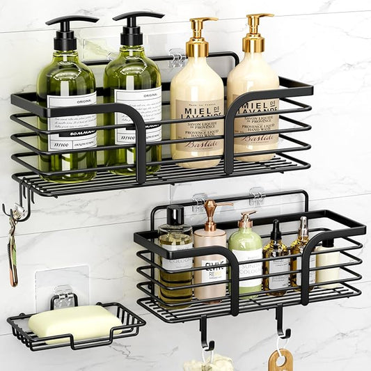 Yougai Shower Caddy, Shower Organizer with Soap Holder and Hooks, Rustproof Shower Shelves, No Drilling Bathroom Organizers and Storage, Wall-Mounted Kitchen & Home Decor (Black)