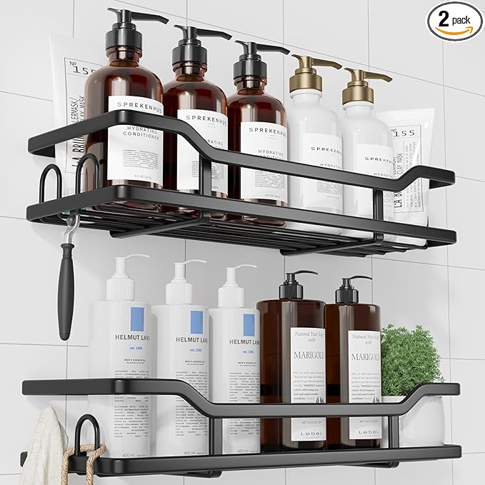 Kitsure Shower Caddy - 2 Pack, No Drilling Shower Organizer with 8 Hooks, Rustproof Stainless Steel Shower Shelf for Inside Shower, Wall Mounted Shower Rack for Bathroom, Kitchen, Black