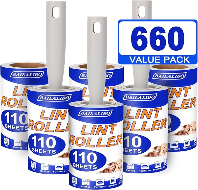 BAILALIBO Lint Rollers for Pet Hair Extra Sticky, 660 Sheets Mega Value Set with 3 Handles 6 Refills, Lint Remover for Clothes, Furniture, Dog, Cat, Carpet