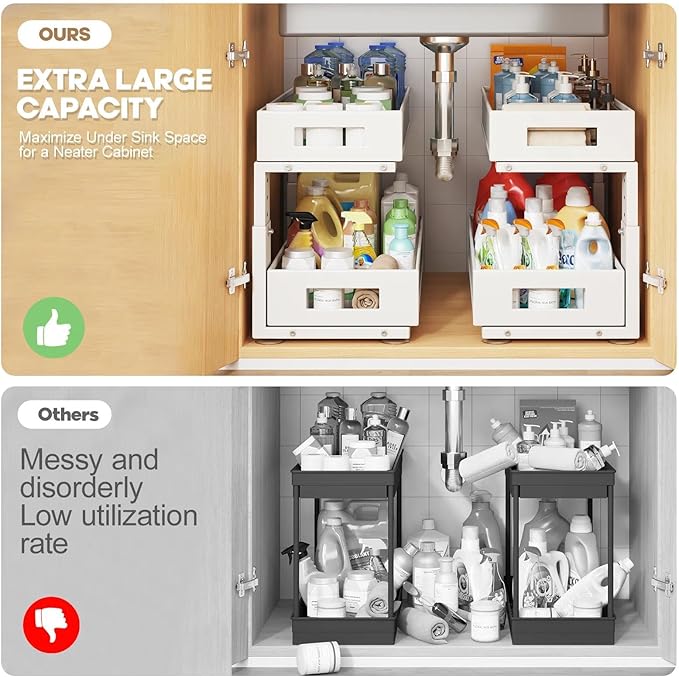 1 Pack 19IN Depth Under Sink Organizer, 2-Tier Pull Out Cabinet Organizer With Smooth Circular Rail, Large Capacity Metal Mesh Sliding Drawers For Bathroom& Kitchen Storage,Height Adjustable –White