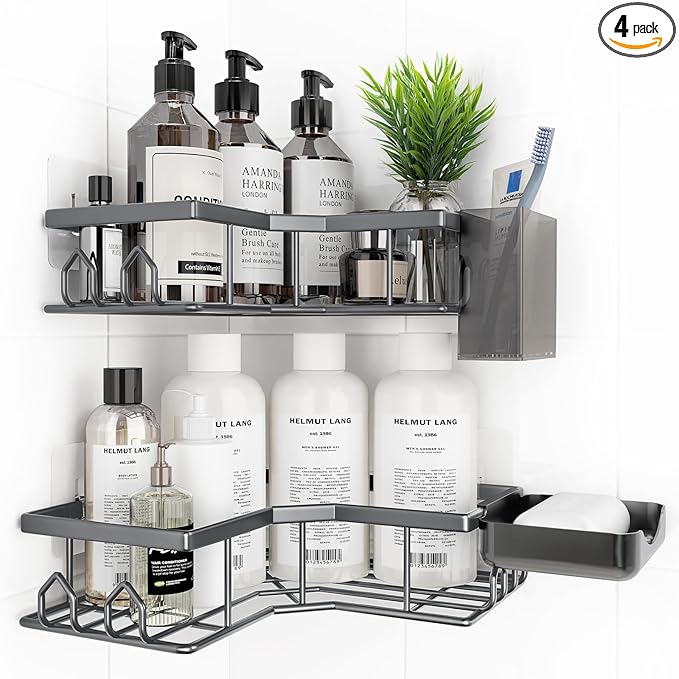Adhesive Shower Caddy, 4 Pack Corner Bath Organizer, Rustproof Stainless Steel Shower Shelves with Large Capacity, No Drilling Shelves for Bathroom Storage, Home, Kitchen Decor (Dark Grey).