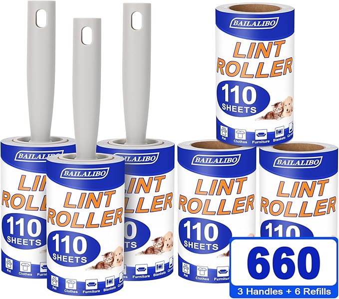 BAILALIBO Lint Rollers for Pet Hair Extra Sticky, 660 Sheets Mega Value Set with 3 Handles 6 Refills, Lint Remover for Clothes, Furniture, Dog, Cat, Carpet