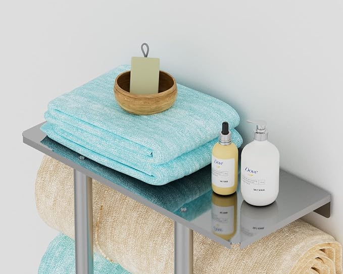 Towel Racks for Bathroom Wall Mounted, Bethom Towel Rack with Shelf and 3 Hooks, Brushed Nickel Towel Storage Holder Wall for Large Rolled Towels