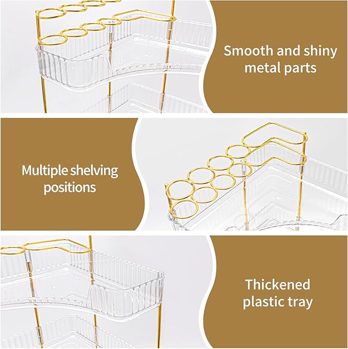 NATURE'S SOURCE Makeup Organizer for Vanity, 3-Tier Corner Bathroom Organizer Countertop with Makeup Brush Holder, Corner Counter Storage for Bathroom, Dresser, Kitchen（Clear