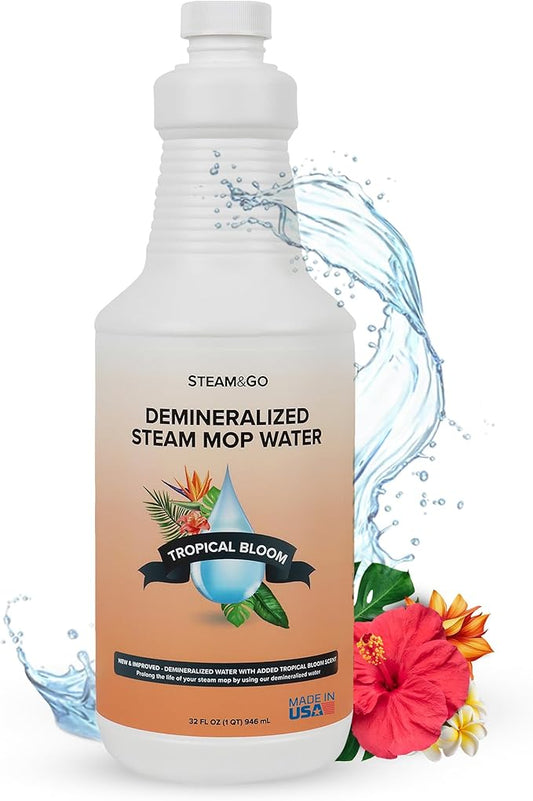 Steam & Go Demineralized Water for Steam Cleaner - PVC-Free Floor Cleaning Solution Compatible for All Steam Mops - Multi-Surface Cleaner for Home Surfaces - Tropical Bloom Scent, 32 oz