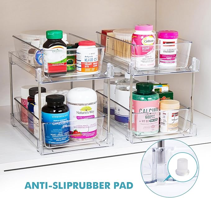 2 Pack Clear Bathroom Organizers and Storage, 2 Tier Pull Out Under Sink Cabinet Organizer Plastic Drawer Organization and Storage for Bathroom and Kitchen