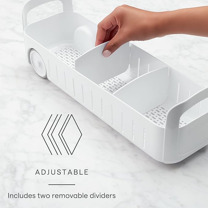 YouCopia RollOut Caddy Rolling Storage Bin with 2 Adjustable Dividers and Removable Basket for Kitchen and Bathroom Under Sink Organization, 5" Wide