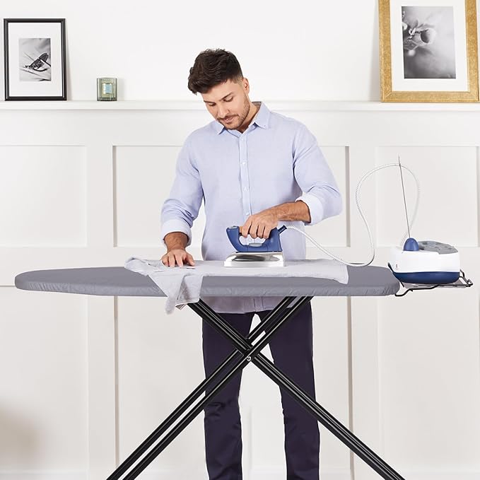Deluxe Ironing Board with Heat Resistant Cover and Thicken Felt Pad, Heavy Sturdy Legs,Full Size Hanger Iron Board,Foldable (L-Grey)
