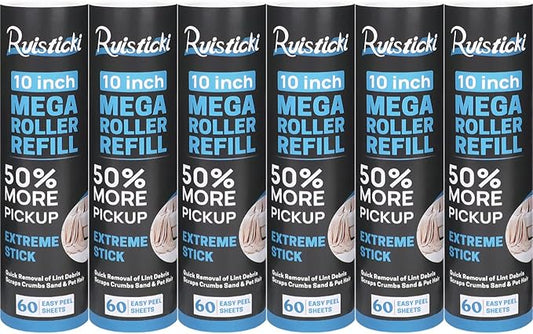 10 inch Ultra Sticky Mega Roller Refills for Evercare Layers Smart Design Large Lint Rollers 50% More Pickup Pet Hair Remover 60 Sheets Each Refill 6 Pack 360 Sheets Total
