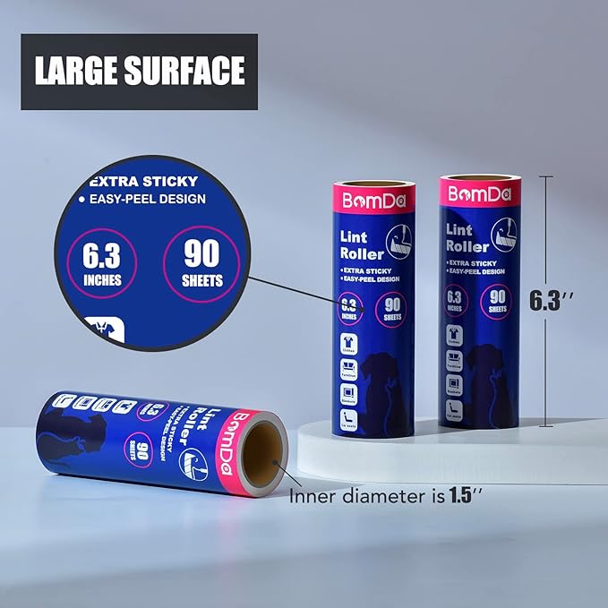Extra Sticky Large Surface Lint Roller, 6.3'' Giant Lint Roller for Pet Hair, 360 Sheets/ 4 Refills, Long Handle Lint Remover for Clothes, Furniture, Dog & Cat Hair Remover (360 Sheets)