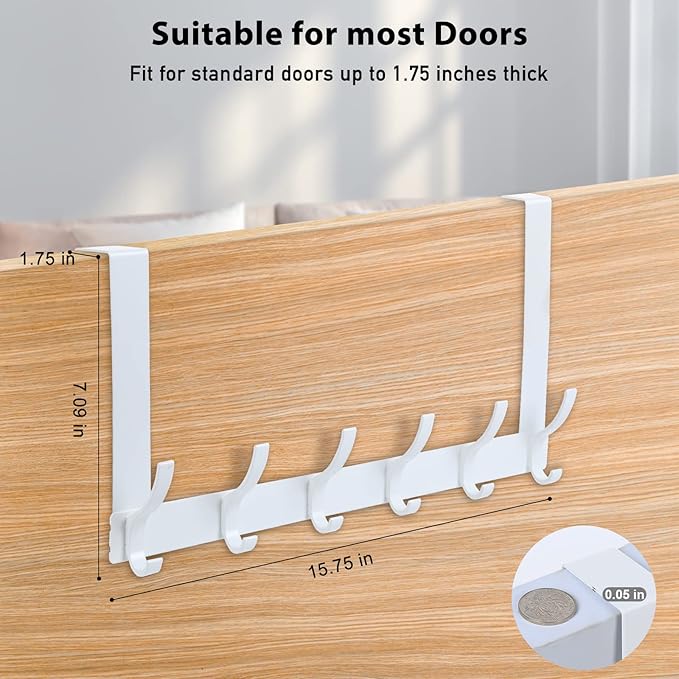 Over The Door Hooks, Door Hanger Hooks for Hanging, Over The Doors Towel Racks for Bathroom with 12 Coat Hook, Coat Rack Bathroom Accessories（2 Pack, White）