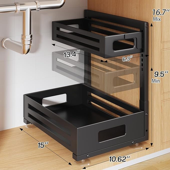 1 Pack Under Sink Organizer,Pull Out Cabinet Organizer with Smooth Cylindrical Rail,Metal Slide Out Drawer for Kitchen Bathroom Laundry Cabinet,8-Level Tool Free Height Adjustable-Black
