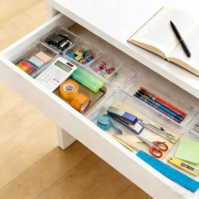 15PCS Clear Drawer Organizer Set, 4 Sizes Desk Drawer Divider Organizers Storage Bins for Bathroom,Kitchen,Office,Vanity Organizers Tray for Jewelry, Makeup, Junk, Gadgets