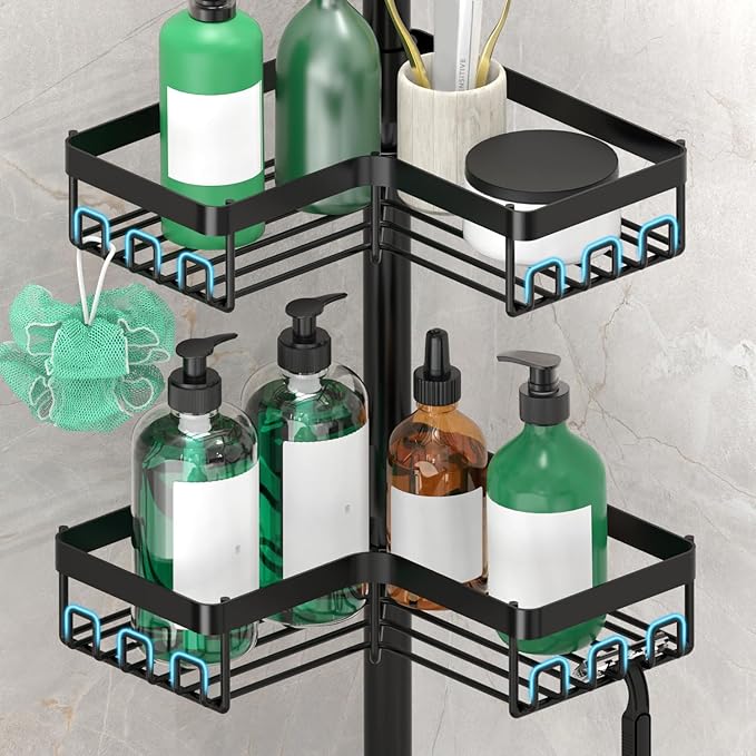 Floor Corner Shower Caddy, 3-Tier Rustproof Shower Shelf Organizer with Hooks, Free-Standing Bathroom Storage Rack for Shampoo & Toiletries, Black