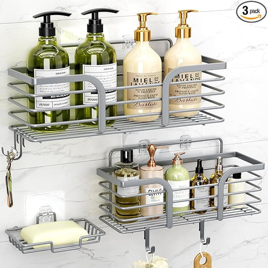 Yougai Shower Caddy, Shower Organizer with Soap Holder and Hooks, Rustproof Shower Shelves, No Drilling Bathroom Organizers and Storage, Wall-Mounted Kitchen & Home Decor (Light Gray)