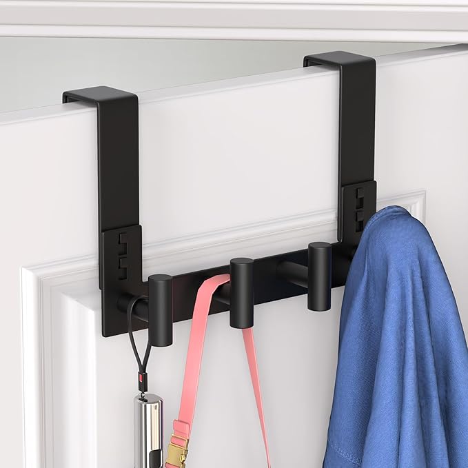 WUIVIUT Door Towel Rack, Wooden Door Metal Hook, Heavy-Duty Storage Clothes Hanger, Outerwear Backpack (4 Hook, Fits 1-3/4'' Thick)