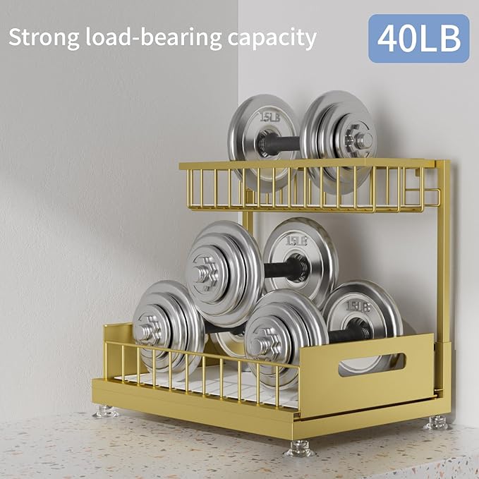 Under Sink Organizer Storage 2-Tier Premium Metal Pull-Out Kitchen Cabinet Organizer with Sliding Drawer, Height Adjustable, Heavy Duty for Kitchen & Bathroom Organizers 2 Pack Gold