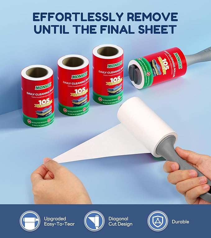 4X Extra Sticky Lint Roller for Pet Hair, Lint Rollers 315 Sheets Mega Value Set, Pet Hair Remover with 3 Upgraded Handle 3 Rollers, Portable Lint Remover for Clothes, Furniture, Dog & Cat Hair