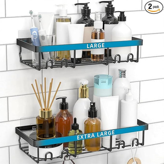 Moforoco Large Shower Caddy Shelf Organizer Rack, Self Adhesive Black Bathroom Shelves Basket, Home Farmhouse Wall Inside Organization and Storage Decor Rv Accessories
