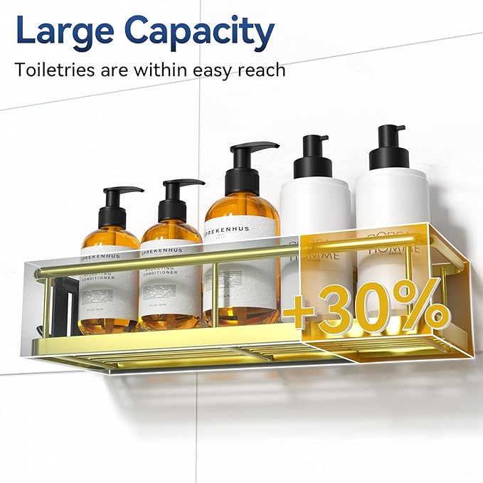 YASONIC Shower Caddy Adhesive, No Drill Bathroom Shower Organizers, with Removable Hooks, Rust Proof Shower Shelves, Wall-Mounted Shower Holder, 2 Pack Gold