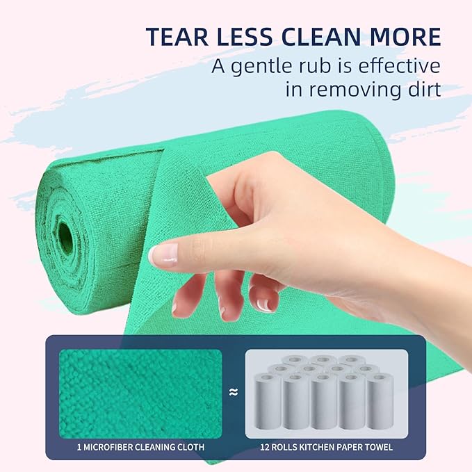 & PLUSH Microfiber Cleaning Cloth Roll - 85 Pack, Tear Away Microfiber Towels, 12" x 12", Reusable, Washable, Streak Free, Ultra Absorbent Dish Rags for Car, Home, Garage or Shop (Green)