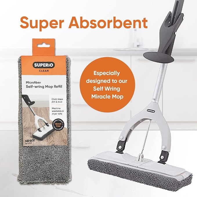 Superio Microfiber Mop Head Replacement for Self-Wring Miracle Mop, Microfiber Cleaning Pad, Mop Refill, Self Wringing Mop (6 Pack)