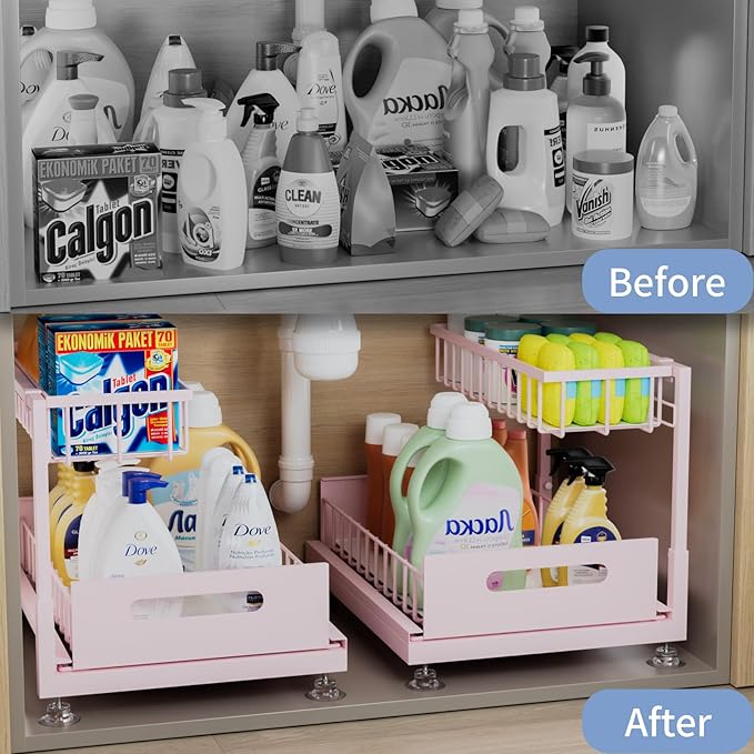 Under Sink Organizer Storage 2-Tier Premium Metal Pull-Out Kitchen Cabinet Organizer with Sliding Drawer, Height Adjustable, Heavy Duty for Kitchen & Bathroom Organizers 2 Pack Pink