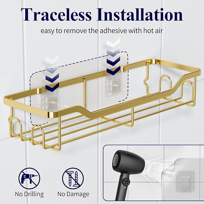 Kitsure Shower Caddy Large - Adhesive Shower Organizer, Stainless Steel Shelf for Inside Shower, No Drill Bathroom Organizers and Storage, Home Decor Accessories, 2 Pack, Gold