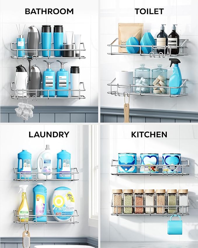 Nieifi Shower Caddy Shelf with Hooks Storage Rack Organizer Adhesive Stainless Steel without Drilling for Bathroom, Lavatory, Washroom, Restroom, Shower, Toilet, Kitchen (Sliver, 6 Pack)