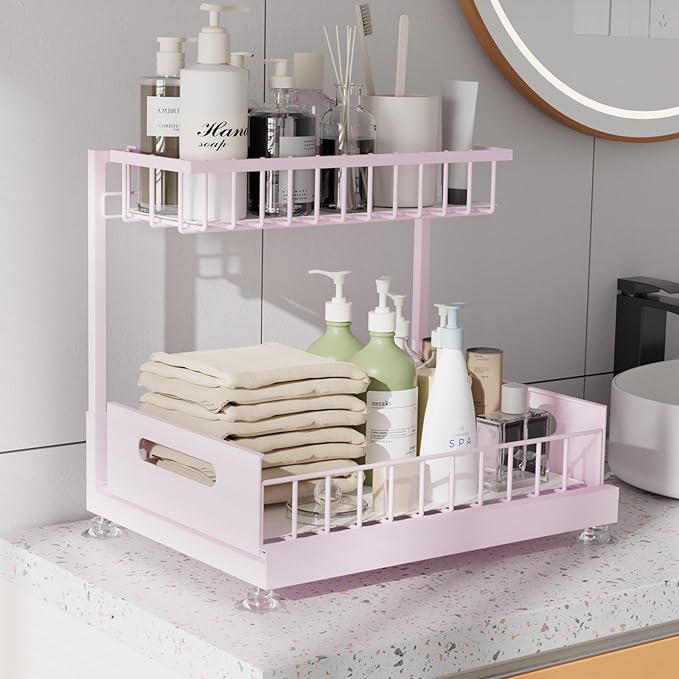 Under Sink Organizer Storage 2-Tier Premium Metal Pull-Out Kitchen Cabinet Organizer with Sliding Drawer, Height Adjustable, Heavy Duty for Kitchen & Bathroom Organizers 2 Pack Pink