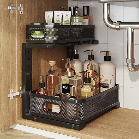 1 Pack 15.7IN-Depth Under Sink Organizer With Smooth Cylindrical Rail,2-Tier Pull Out Multi-Purpose Cabinet Storage for Bathroom&Kitchen,Height Adjustable,Rust-resistant Coating-Black