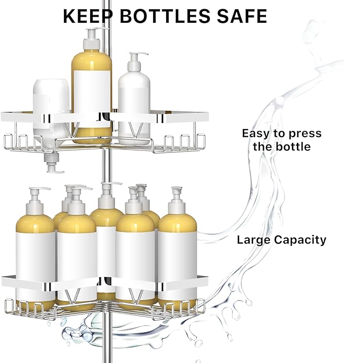 KEGII Corner Shower Caddy Tension Pole - Chrome 4-Tier Adjustable Shower Tension Rod Organizer with Hooks & Soap Holders, 25-114.2 Inch Stainless Steel Shower Storage Rack for Renters & Family