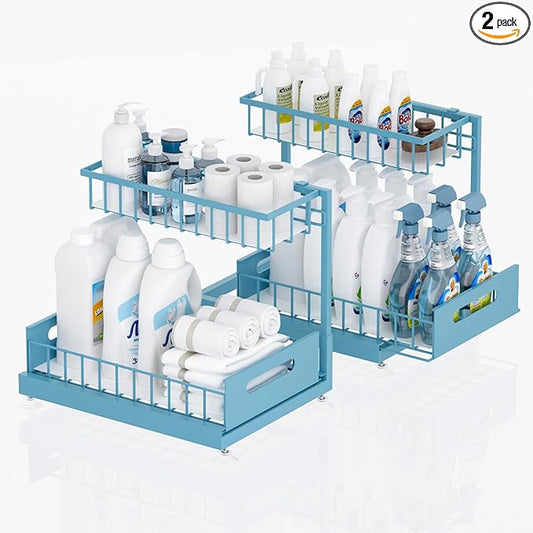 Under Sink Organizer Storage 2-Tier Premium Metal Pull-Out Kitchen Cabinet Organizer with Sliding Drawer, Height Adjustable, Heavy Duty for Kitchen & Bathroom Organizers 2 Pack Teal