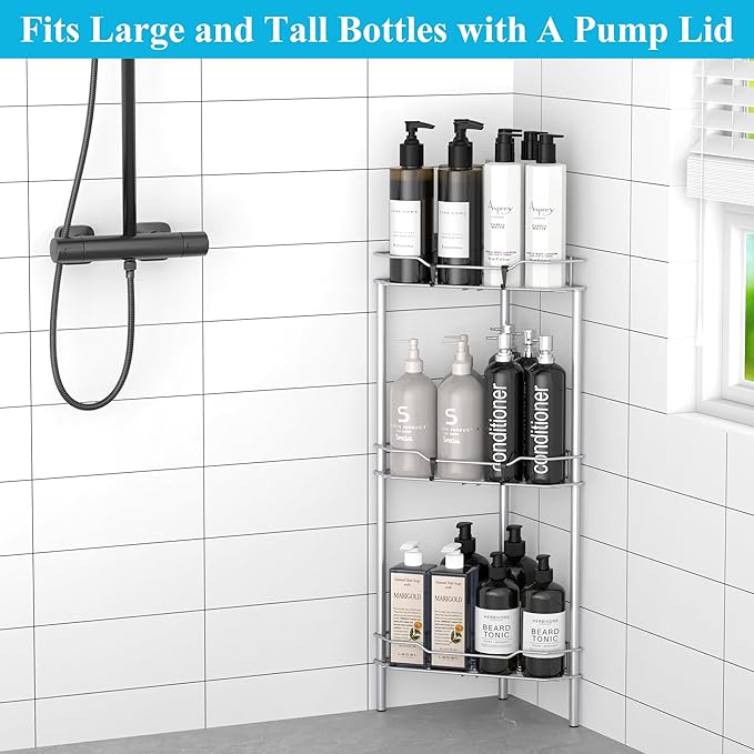 3 Tier Floor Standing Corner Shower Caddy Organizer Shelf with Hooks, Bathroom Shelves Stand Rack, Silver