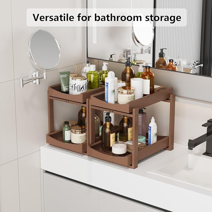 Bamboo Under Sink Organizer Adjustable Height 2 Tier Bathroom Organizer Pull Out Cabinet Storage Kitchen Heave Duty Wood Slide Ou Shelf for Kitchen Bathroom (Black, 2 Packs) (Brown, 2 Packs)