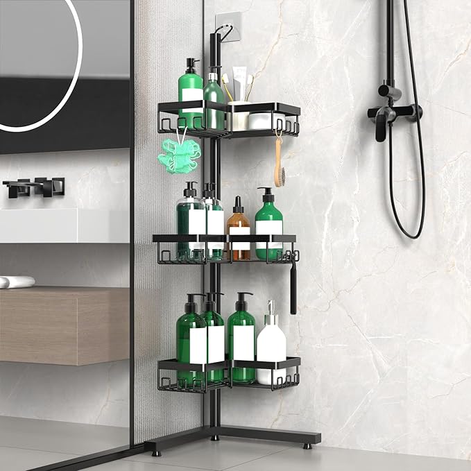 Floor Corner Shower Caddy, 3-Tier Rustproof Shower Shelf Organizer with Hooks, Free-Standing Bathroom Storage Rack for Shampoo & Toiletries, Black