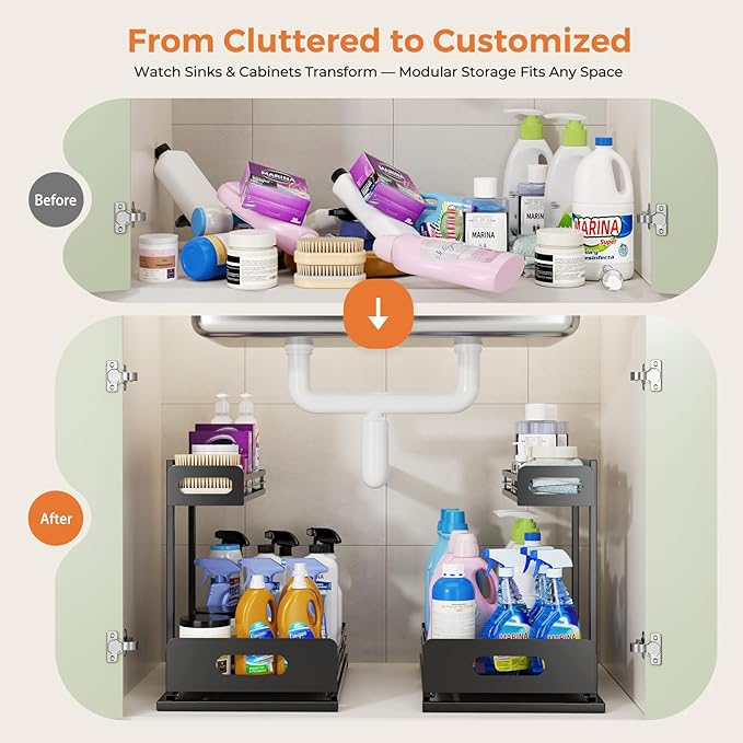 Delamu 2 Pack Metal Bathroom Organizers and Storage, 2 Tier Pull Out Under Sink Organizer with 2 Small Baskets, Adjustable Under Sink Shelf for Multipurpose Cabinet Organizer, Black