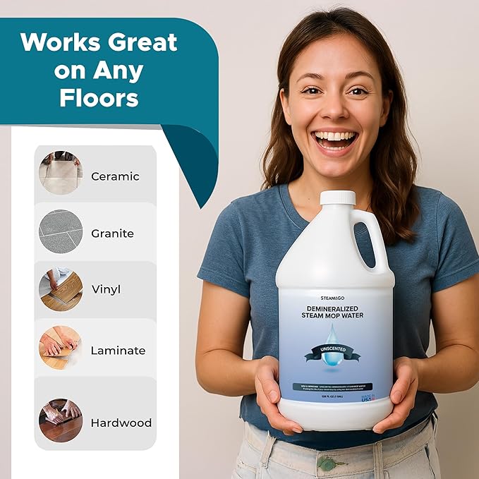Steam & Go Demineralized Water Cleaning Solution for Floor & Multi-Surface Steam Cleaners - Compatible for All Steam Mops - Unscented, 128 oz